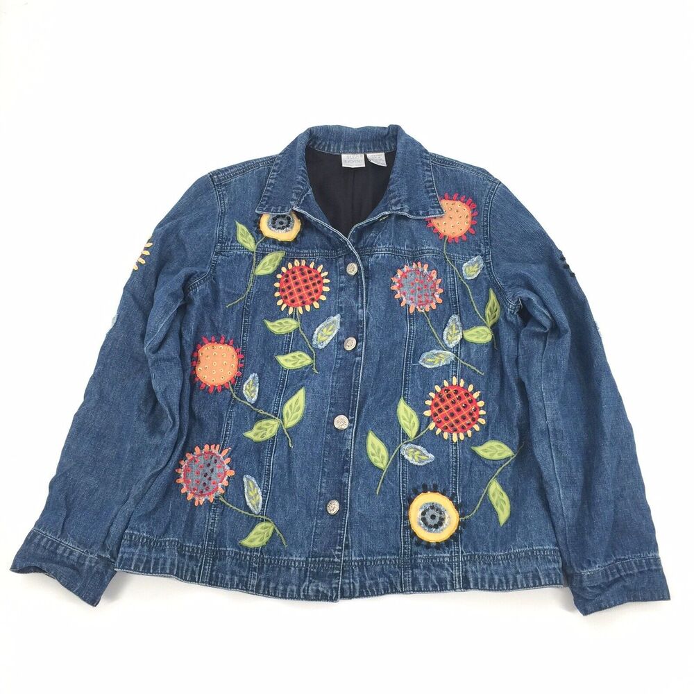 Vintage 90s Bleu Bayou Embroidered Sunflower Jean Jacket Medium Blue Button Down
